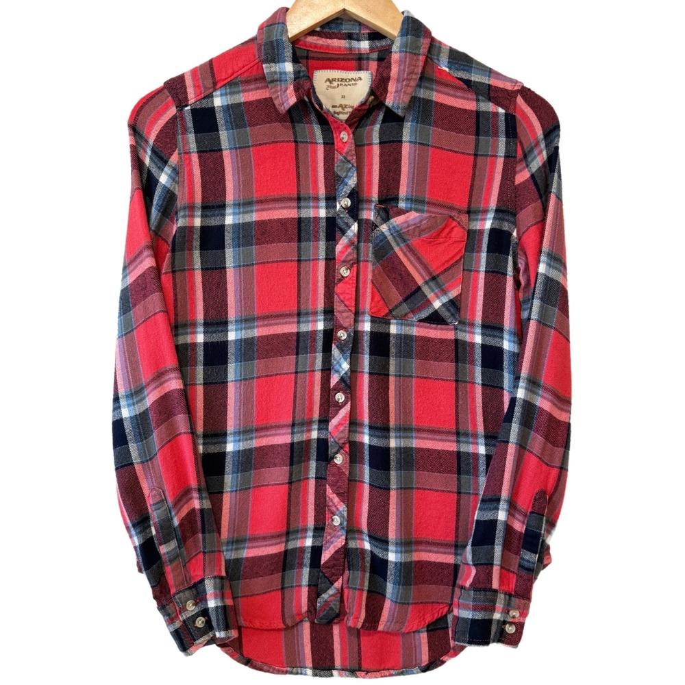Arizona Jean Co Women's XS Red Plaid Flannel Shirt Long‎ Sleeve Button Up Rayon